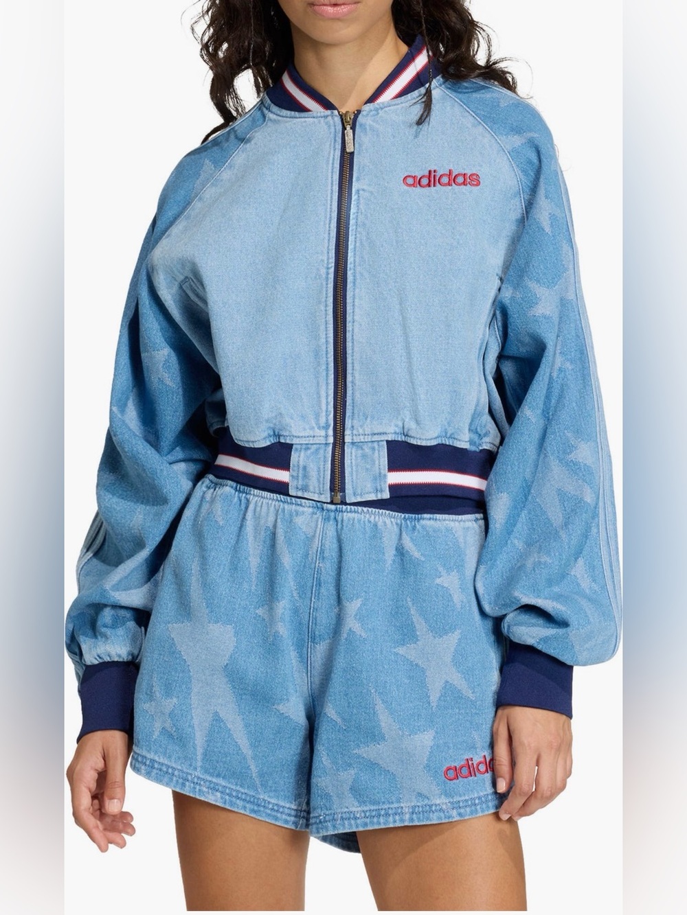 NWT adidas Originals SST Denim Graphic Varsity Bomber Jacket - Picture 3 of 8